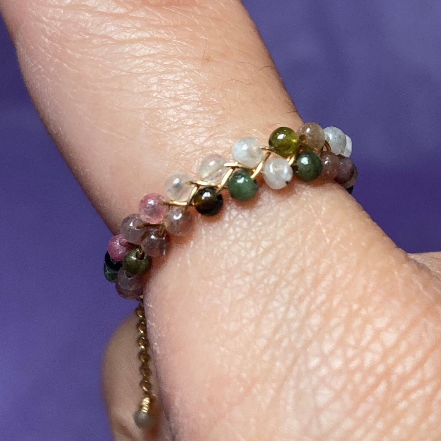 Dainty Braided Wire Crystal Rings with Adjustable Chain, Gold & Round