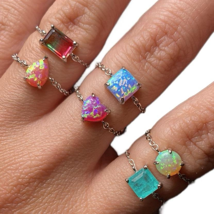 925 Silver Adjustable Dainty Crystal Chain Rings