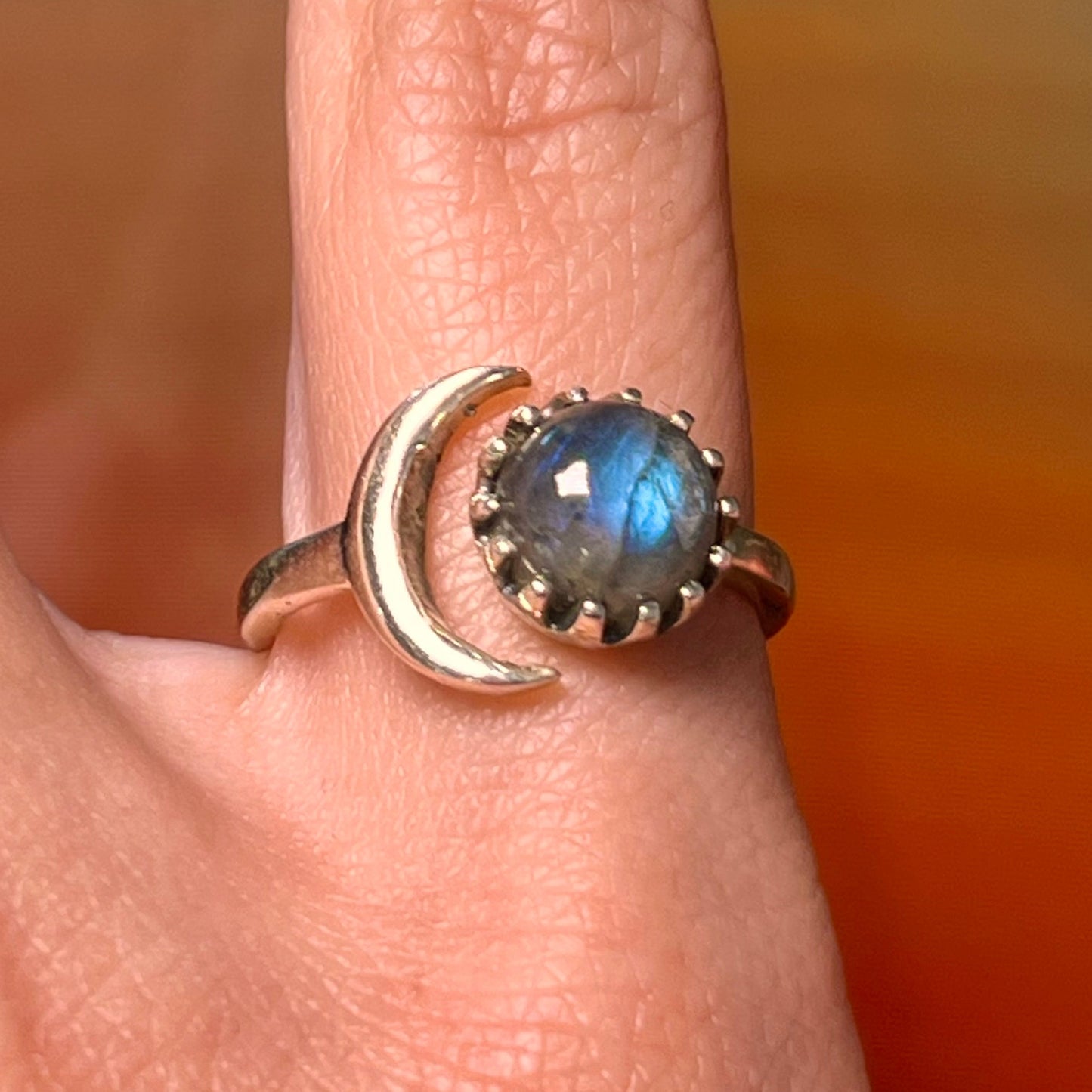 Crystal Crescent Moon 925 Silver Ring Adjustable