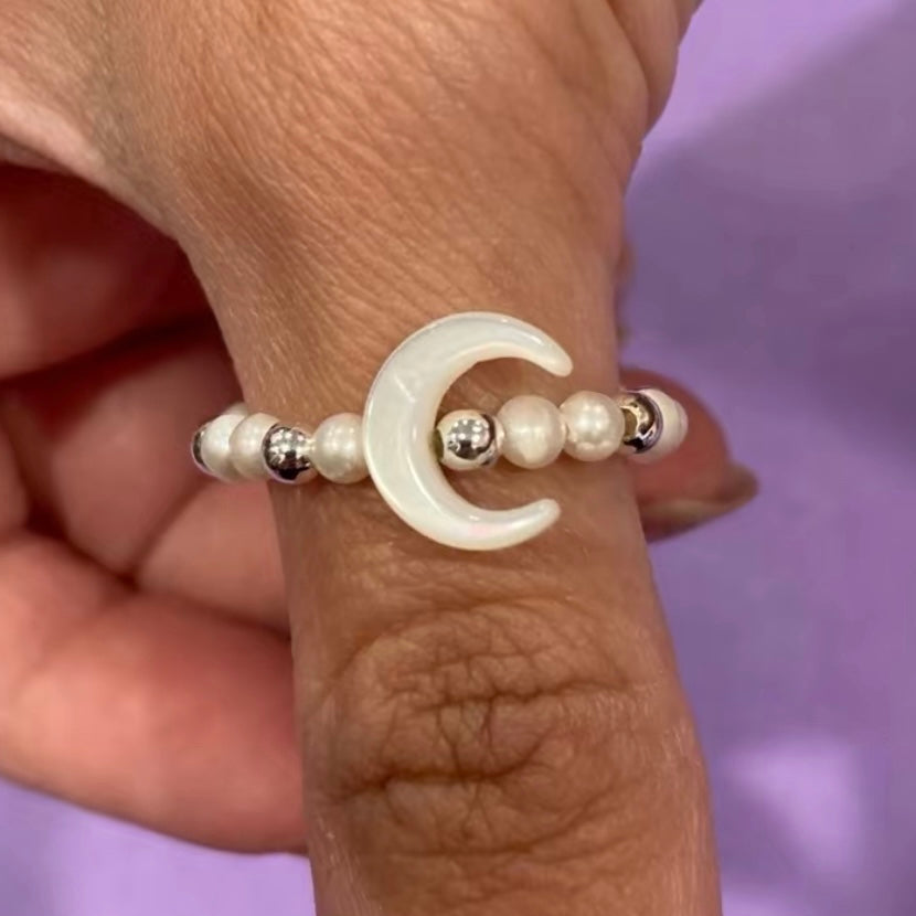 Celestial Crescent Moon Stretchy Pearl Ring