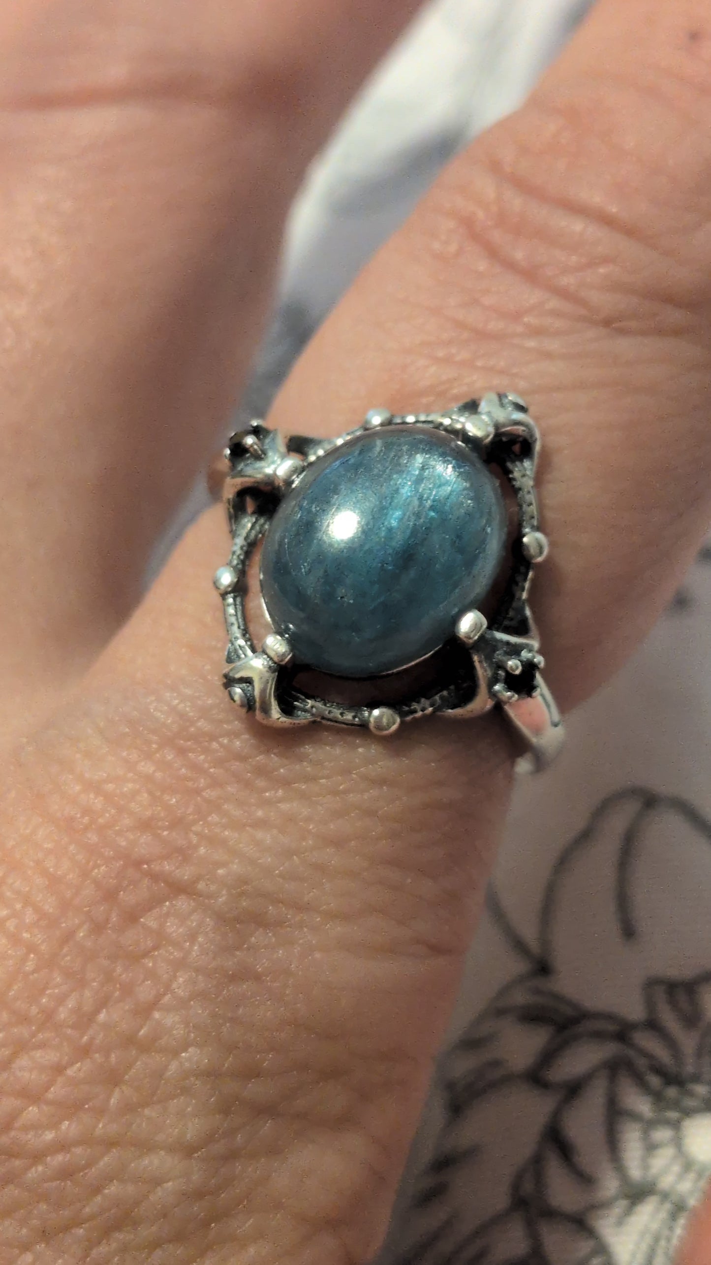 Blue Green Kyanite Black Spinel Accent Adjustable Size Silver Ring