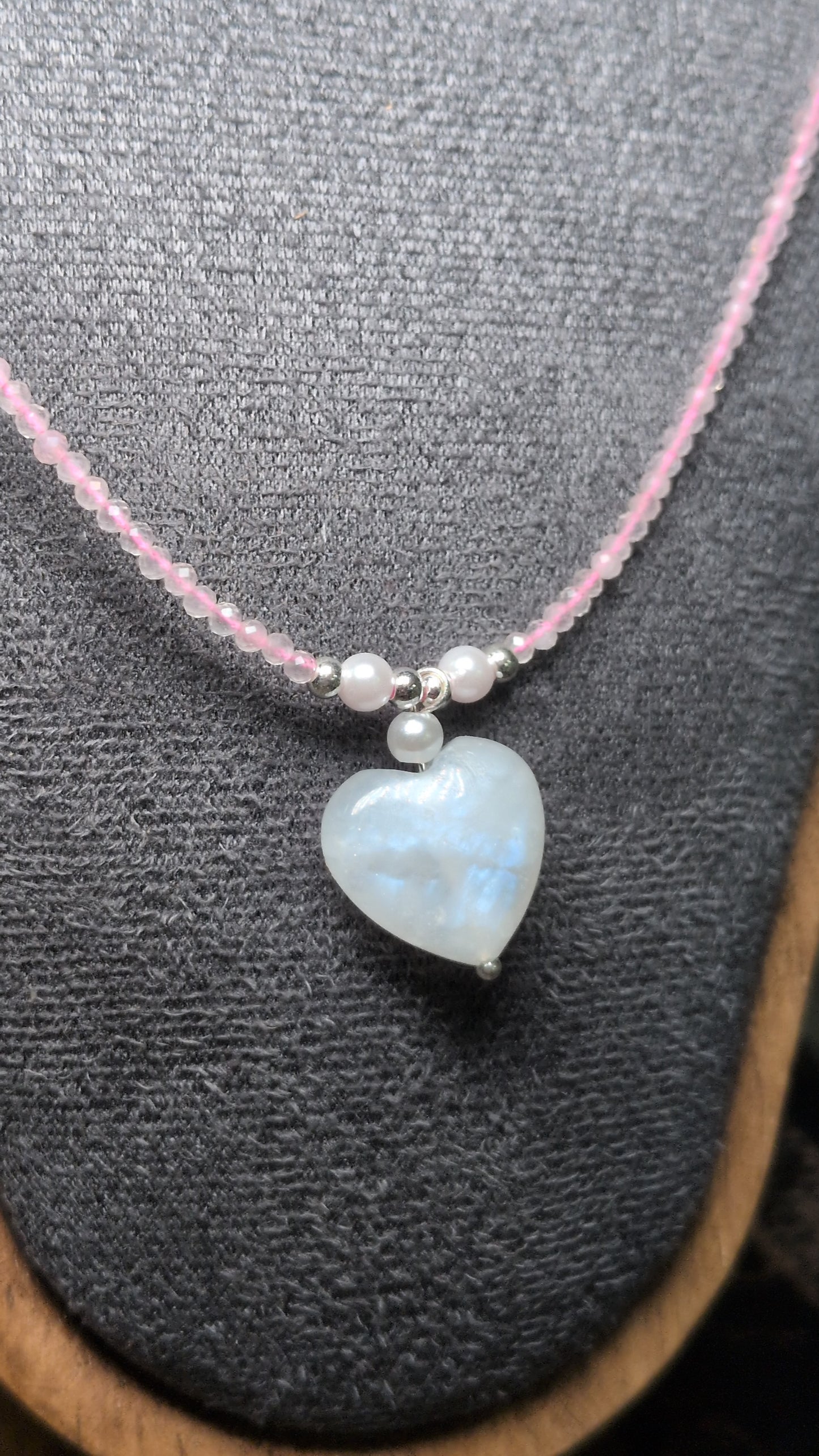 Moonlit Love Necklace – Rose Quartz, Moonstone Heart Dainty Adjustable Design