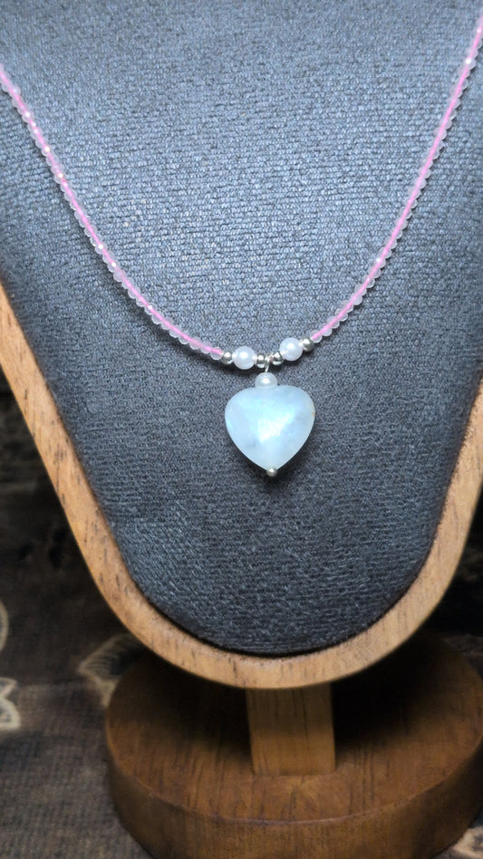 Moonlit Love Necklace – Rose Quartz, Moonstone Heart Dainty Adjustable Design