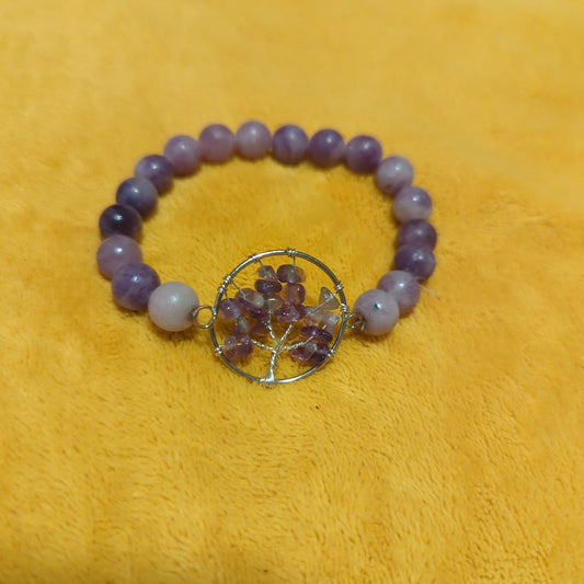 Purple Lepidolite Amethyst Tree of Life Beaded Crystal Bracelet