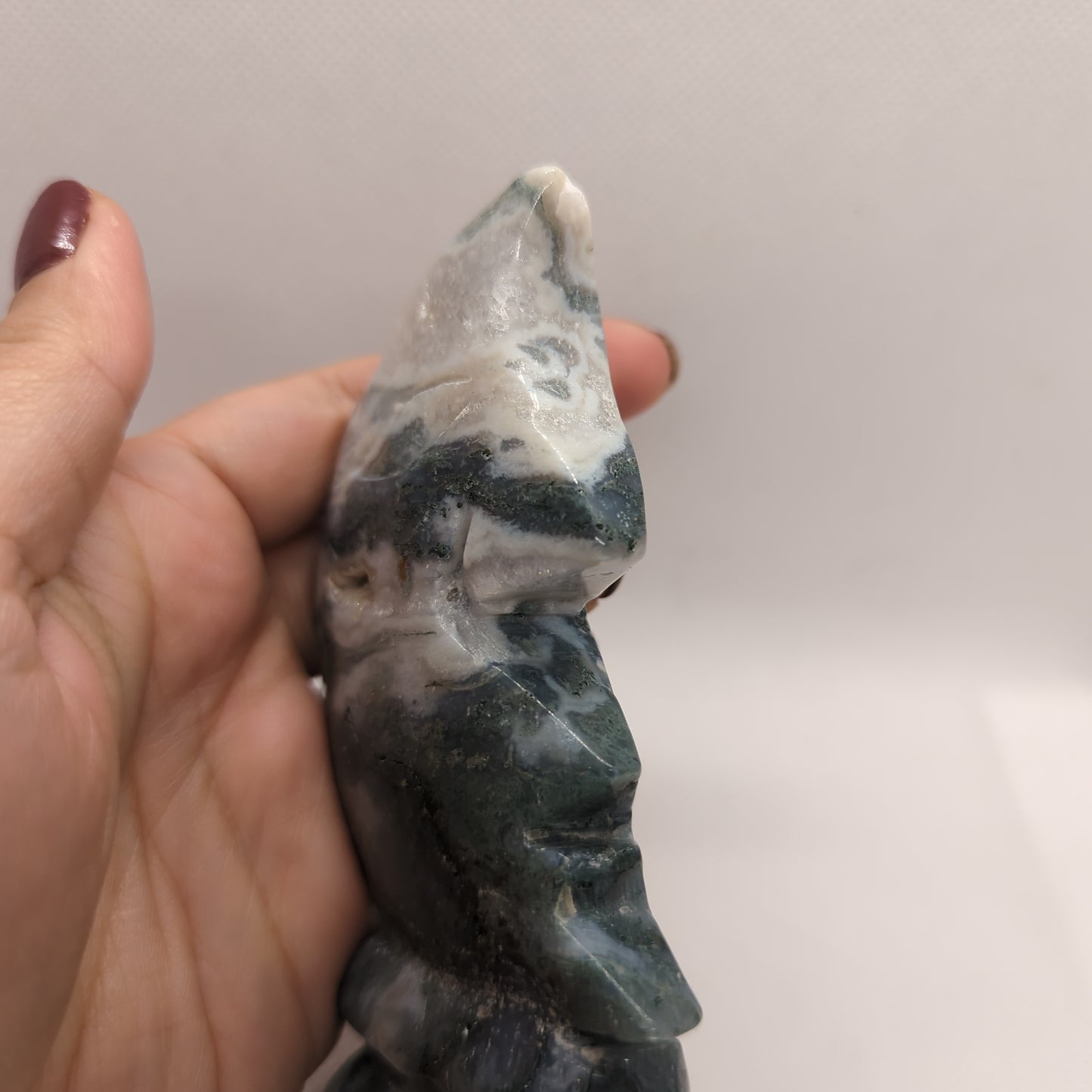 Druzy Moss Agate Crystal Moon Carving