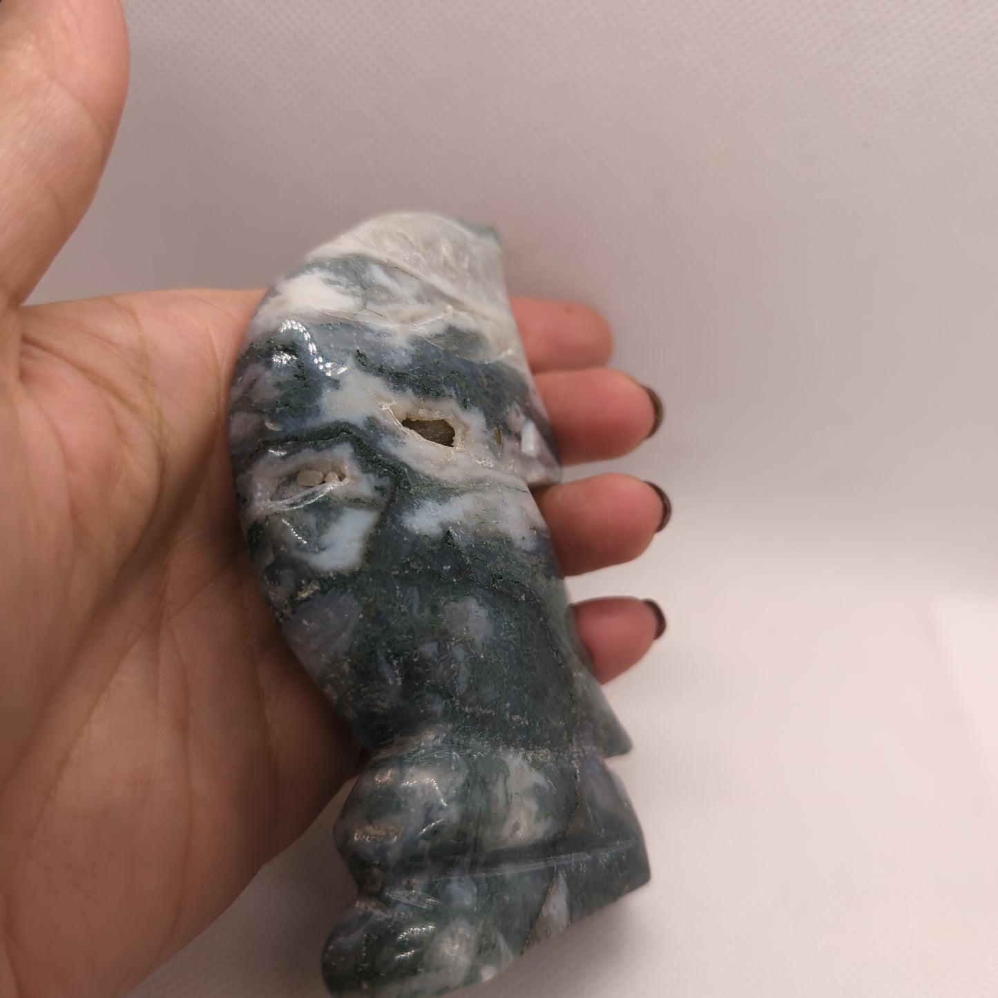 Druzy Moss Agate Crystal Moon Carving