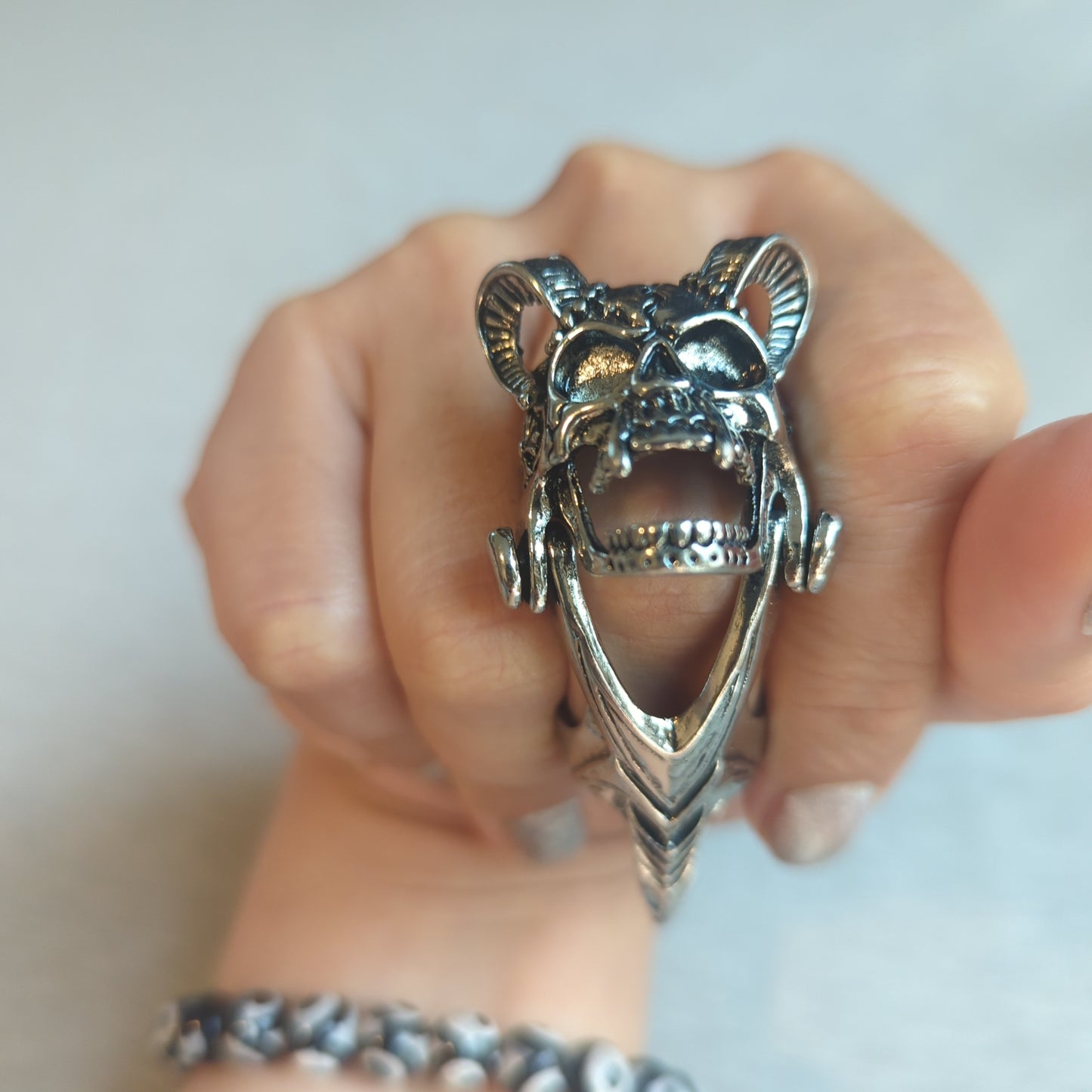 Horned Skull Steampunk Medieval Cosplay Ring with Joint