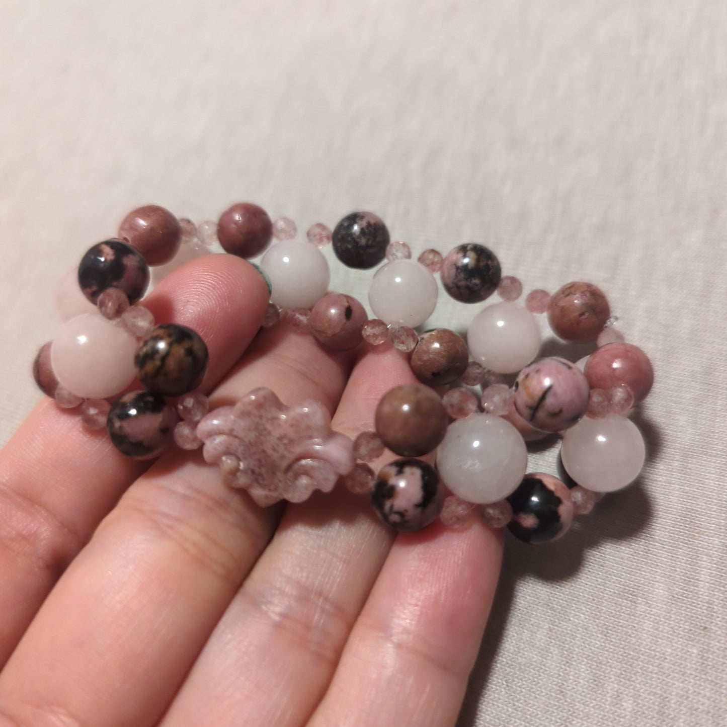 Triple Bracelet with Winged Heart Charm, Rose Quartz, Rhodonite and Strawberry Quartz Bracelet