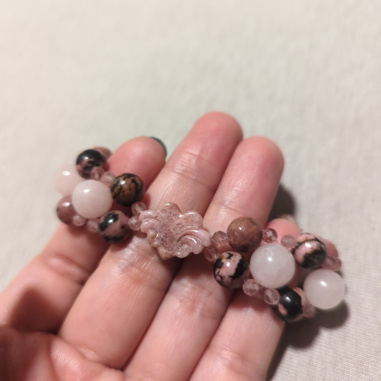 Triple Bracelet with Winged Heart Charm, Rose Quartz, Rhodonite and Strawberry Quartz Bracelet