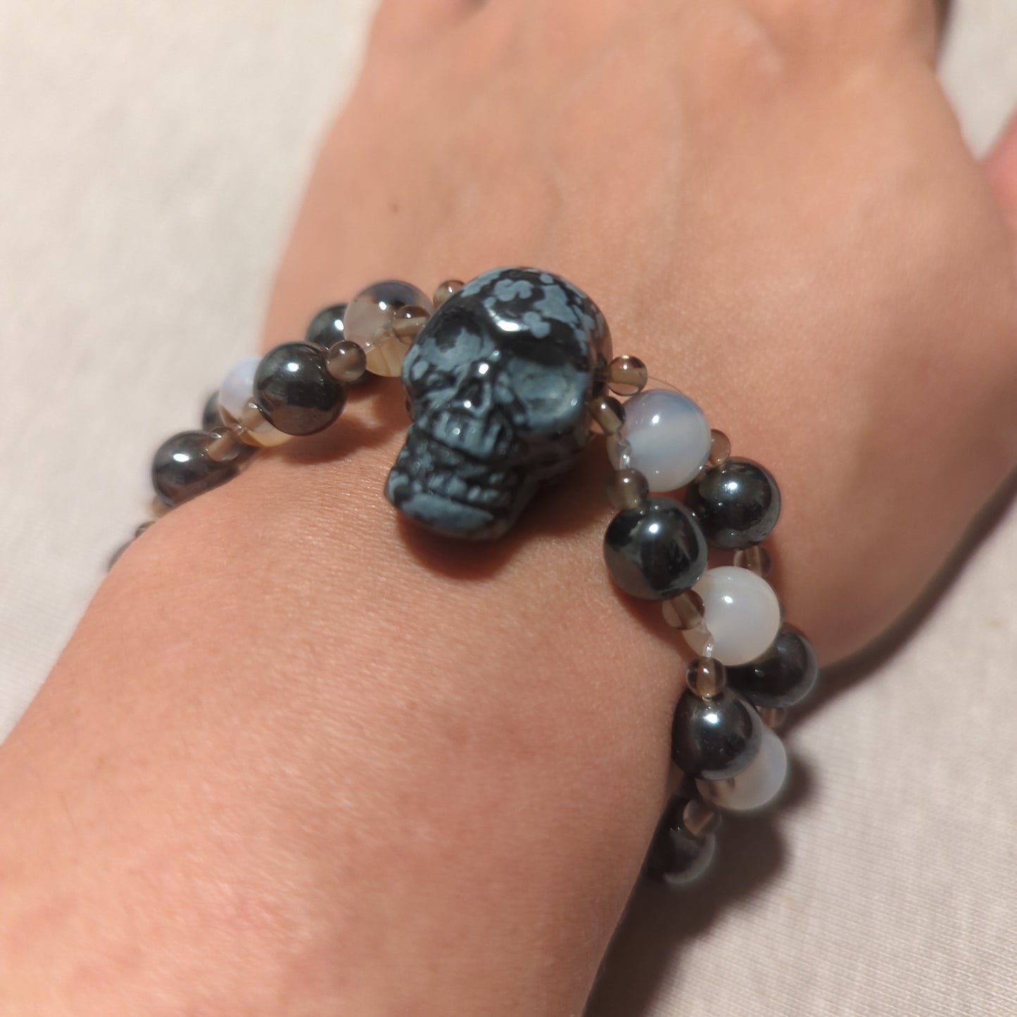Triple Bracelet with Snowflake Obsidian Skull, Hematite, Black Flower Agate and Smokey Quartz Bracelet