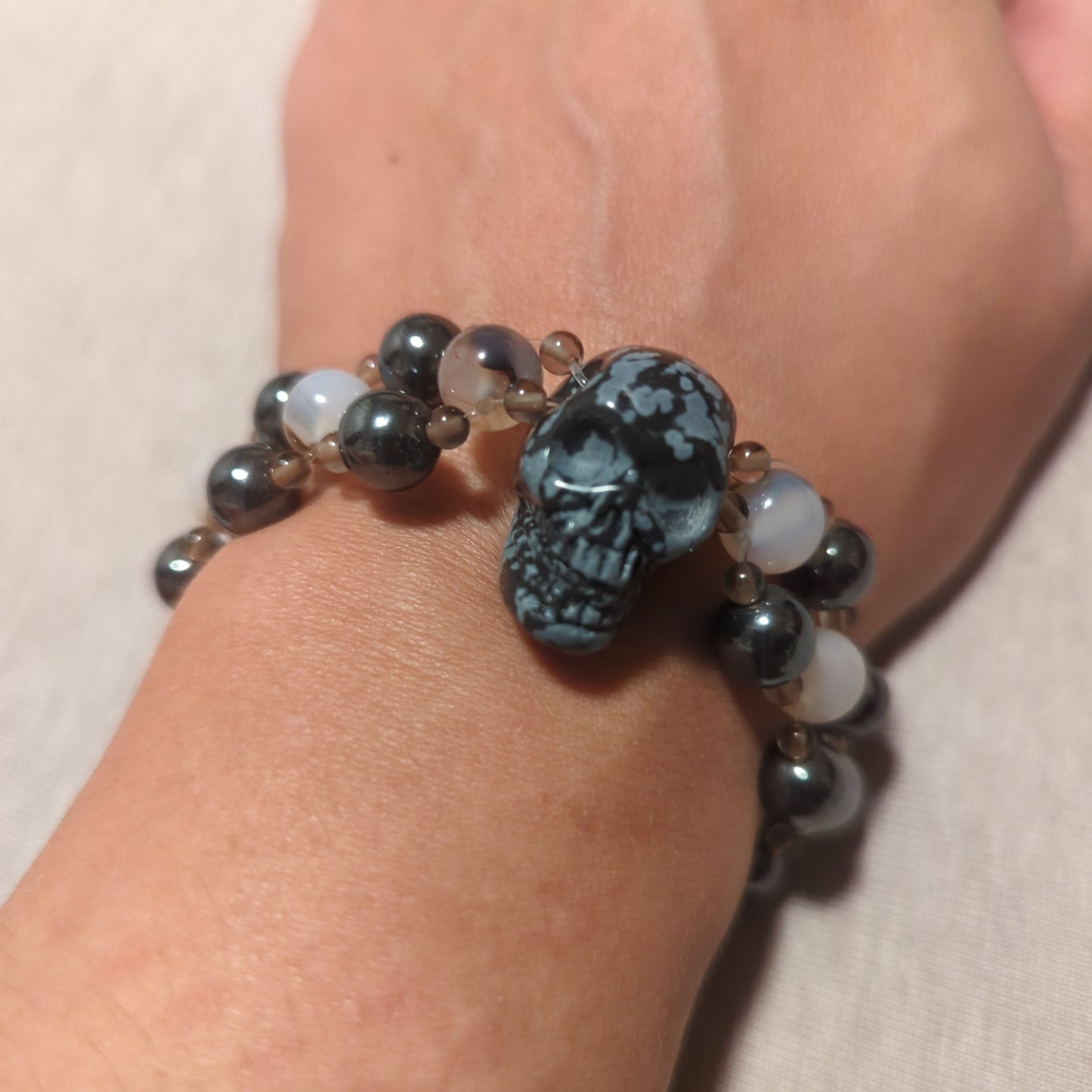 Triple Bracelet with Snowflake Obsidian Skull, Hematite, Black Flower Agate and Smokey Quartz Bracelet