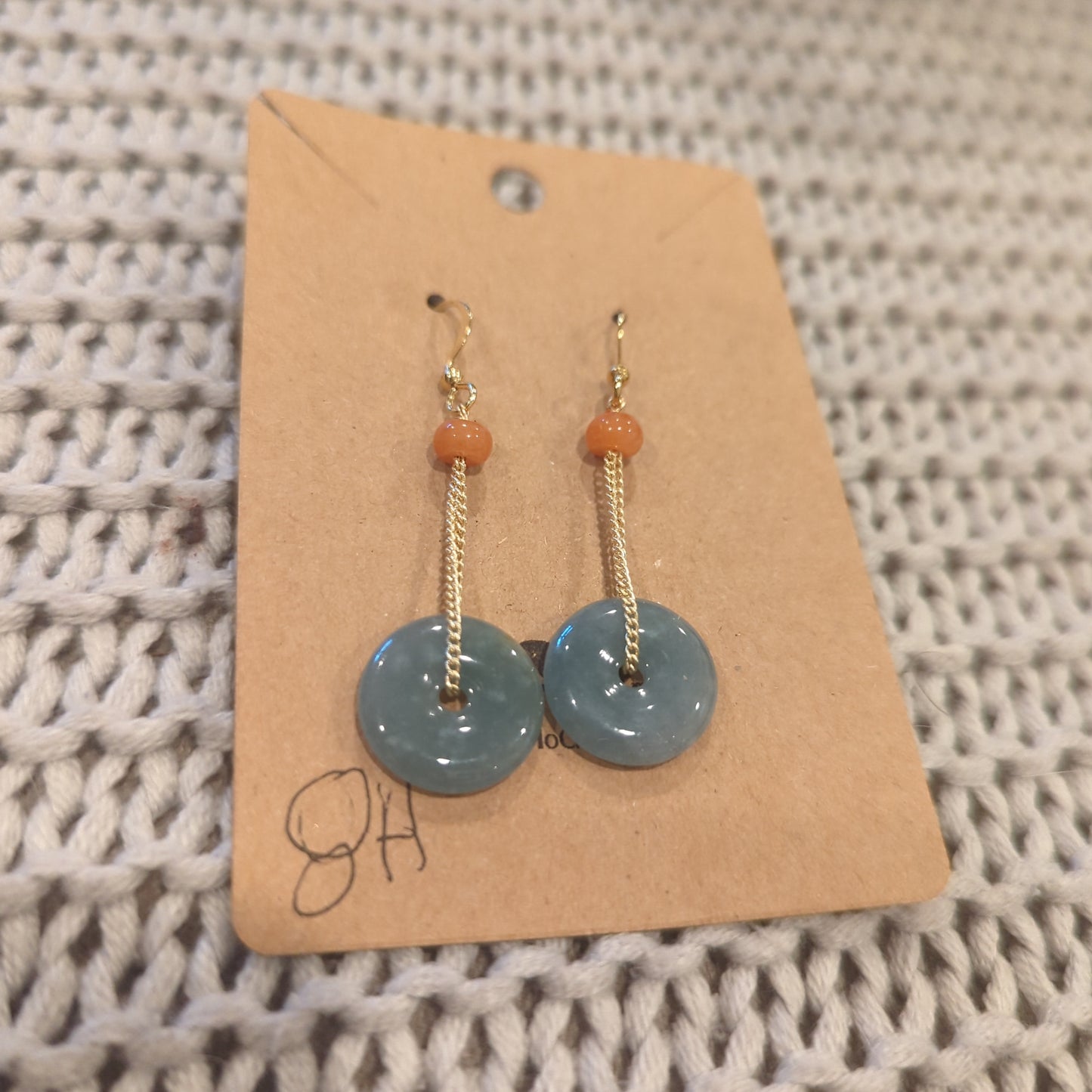 Jade Earrings on Hooks of Gold Coated Copper