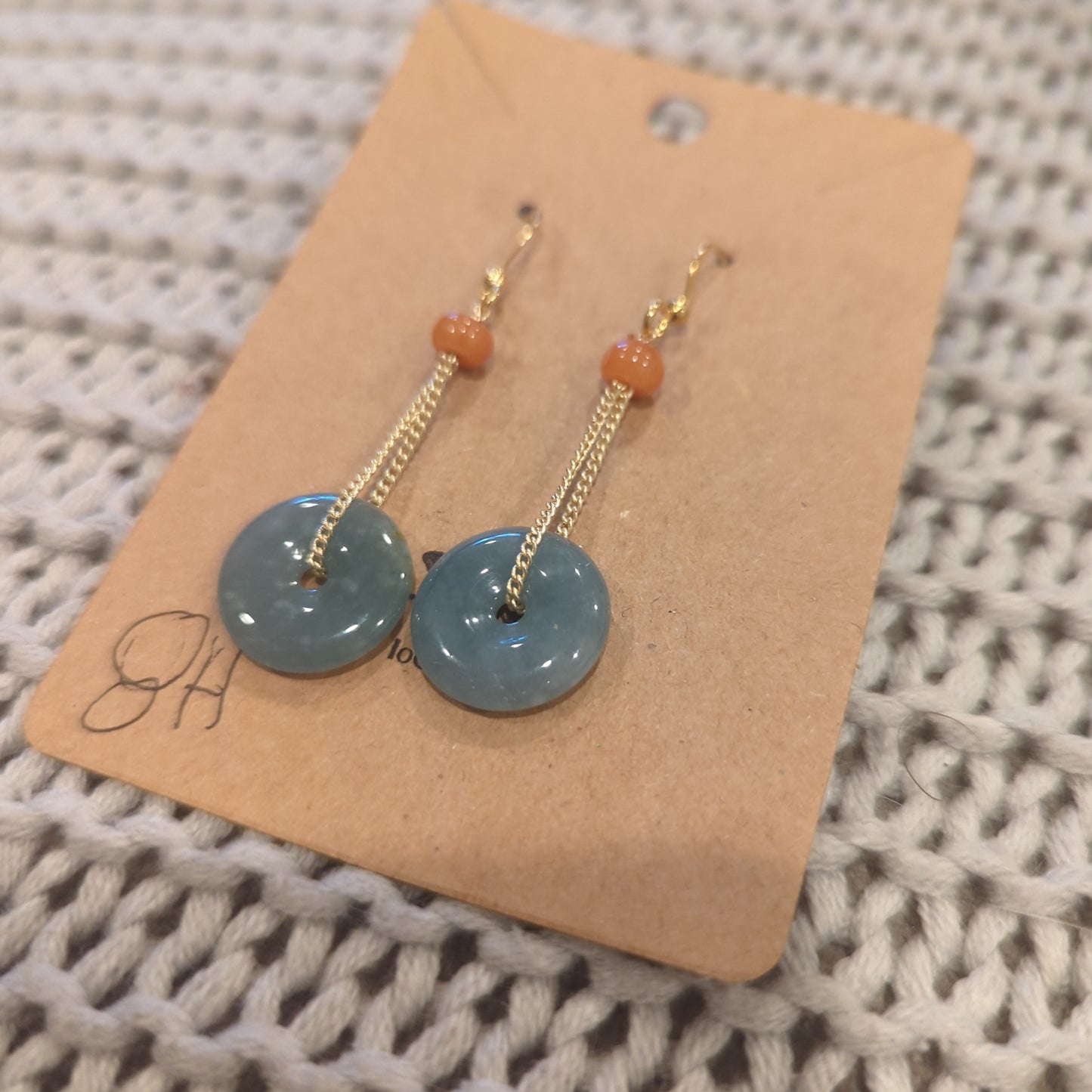 Jade Earrings on Hooks of Gold Coated Copper