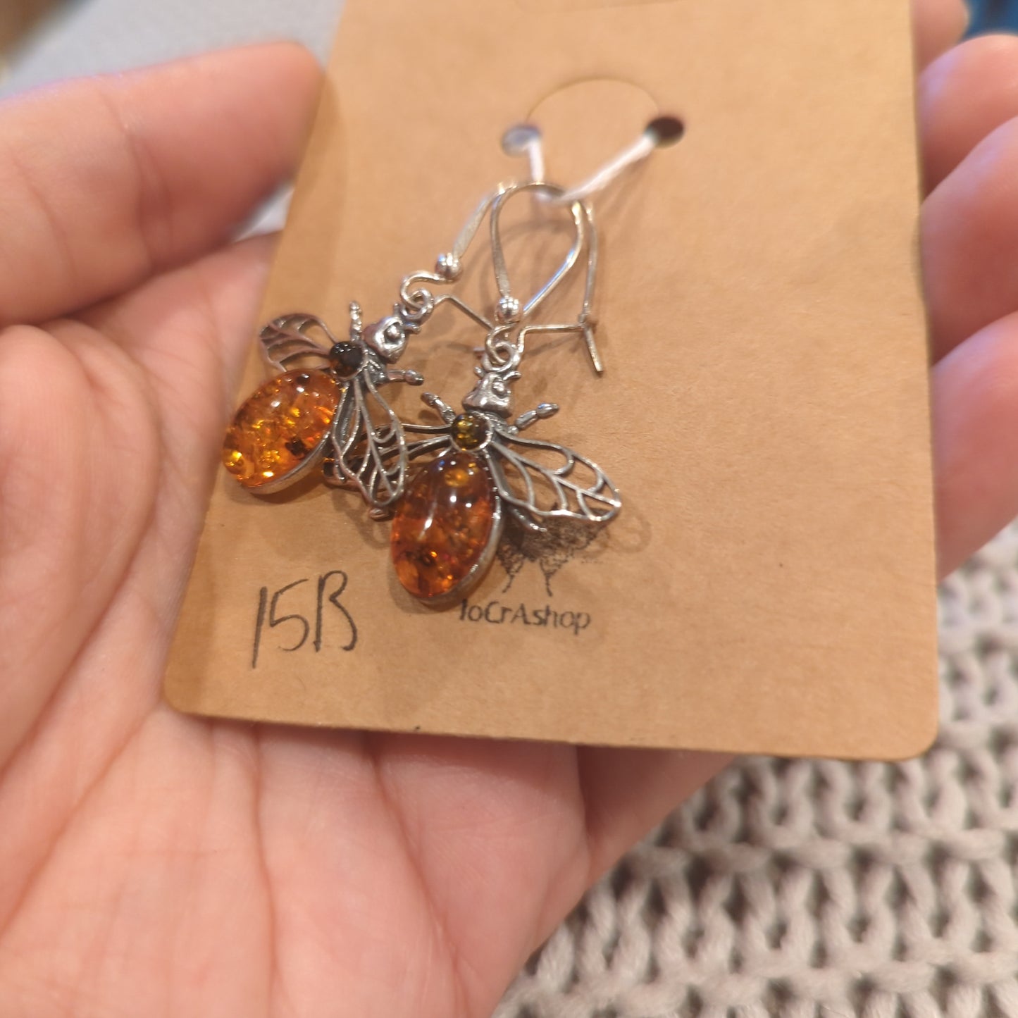 Amber Dangle Earrings with Bees on Hook Closure of 925 Silver