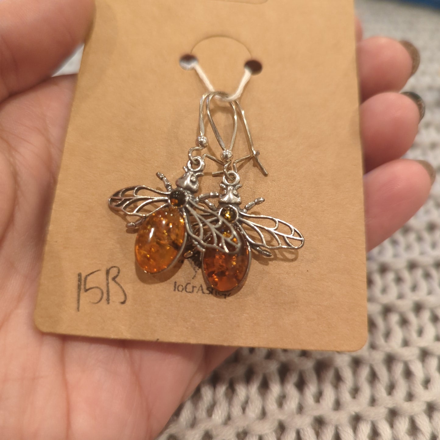 Amber Dangle Earrings with Bees on Hook Closure of 925 Silver