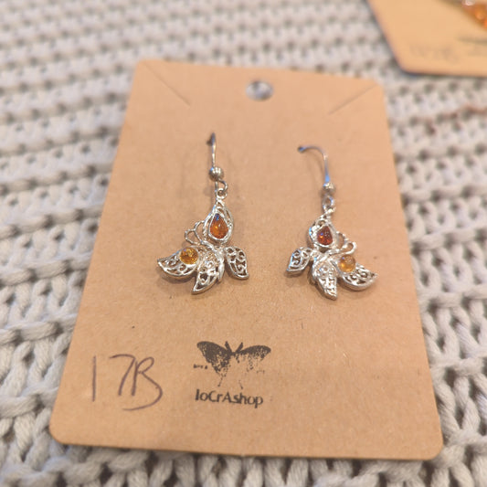 Amber Dangle Earrings on 925 Silver with Cognac and Butterscotch Butterfly Design