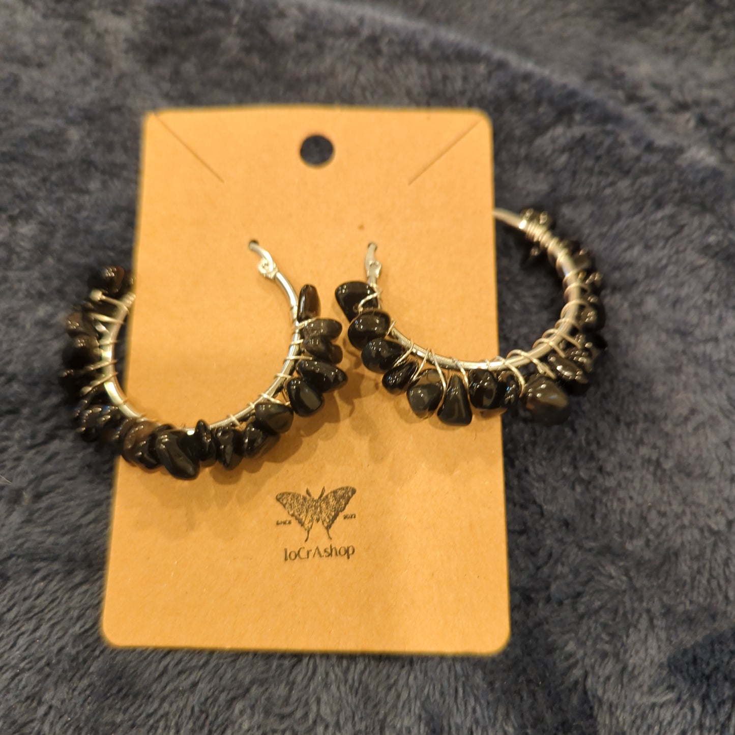 Obsidian Chip Earrings on Stainless Steel Hoops