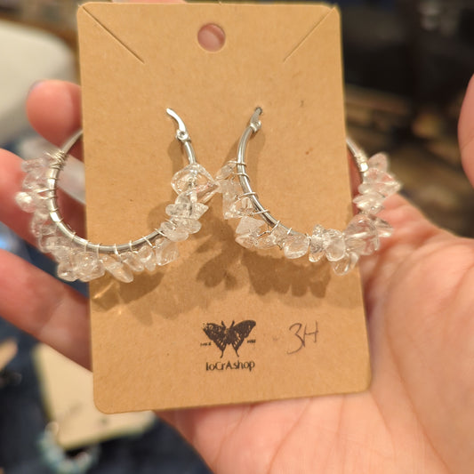 Clear Quartz Chip Earrings on Stainless Steel Hoops