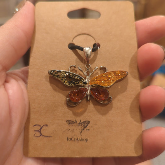 Triple Amber Butterfly Pendant on 925 Silver