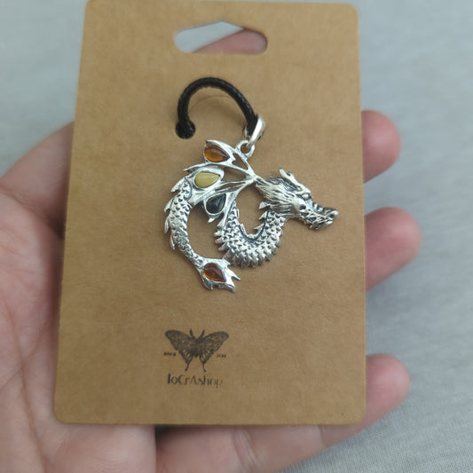 Triple Amber Dragon Pendant on 925 Silver