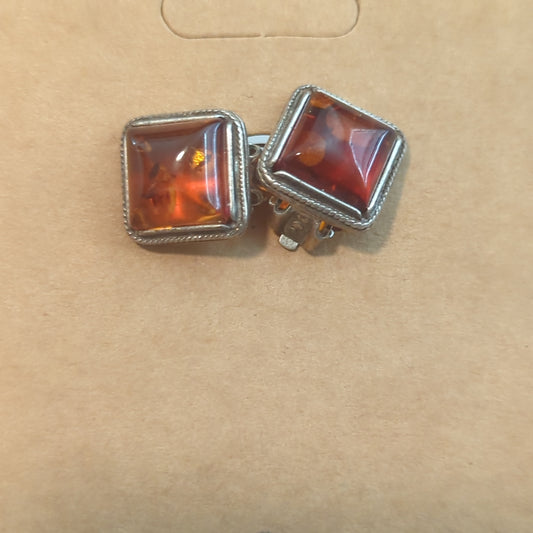 Cognac Amber Square Clipon Earrings on 925 Silver