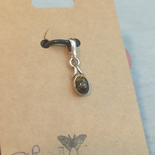 Green Amber Simple Oval Pendant on 925 Silver