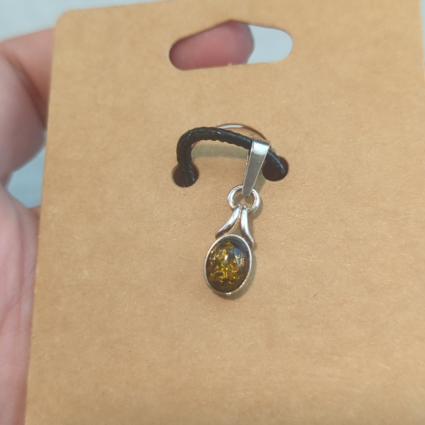 Green Amber Simple Oval Pendant on 925 Silver