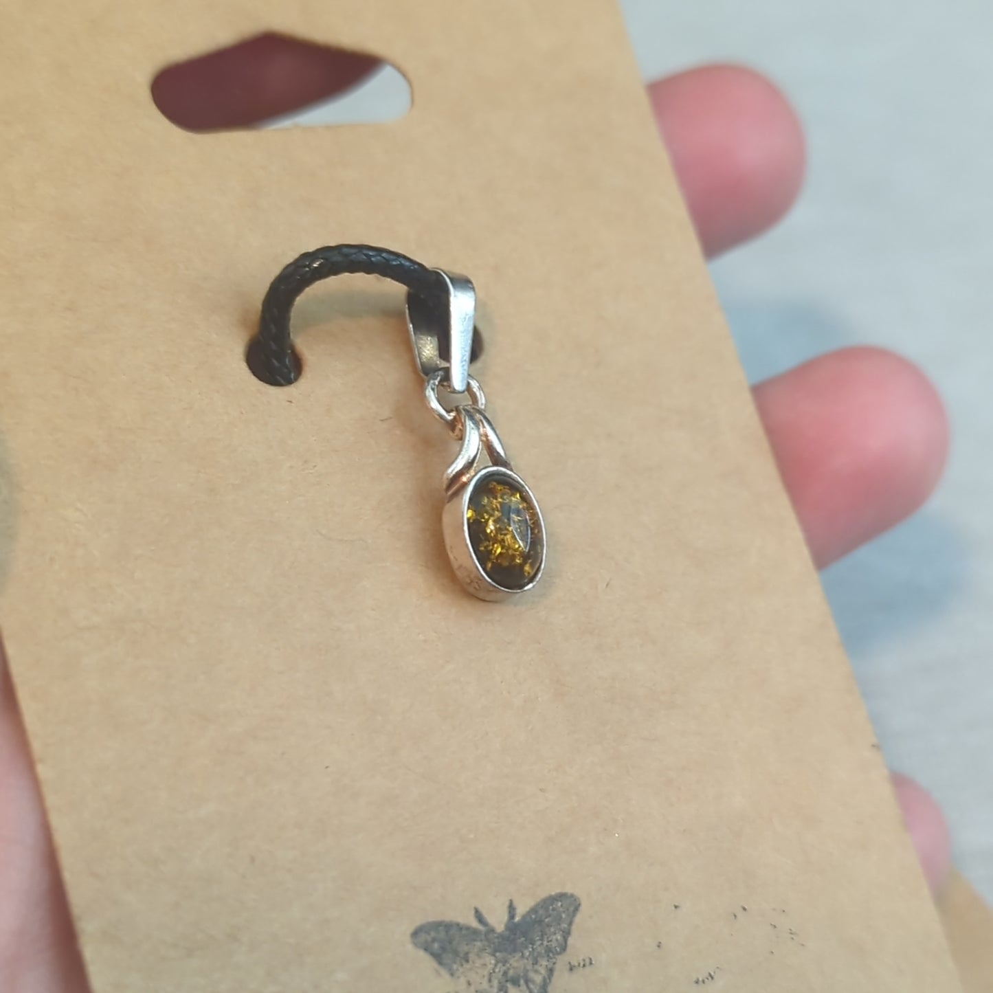 Green Amber Simple Oval Pendant on 925 Silver