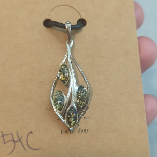 Green Amber Leaf Pendant on 925 Silver