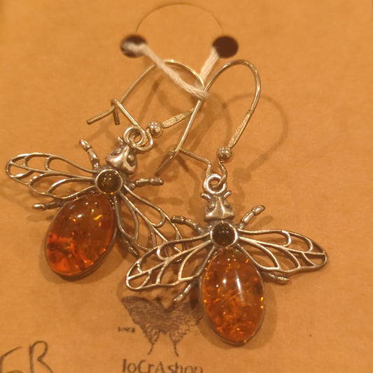 Cognac Amber Bee Hook Earrings on 925 Silver