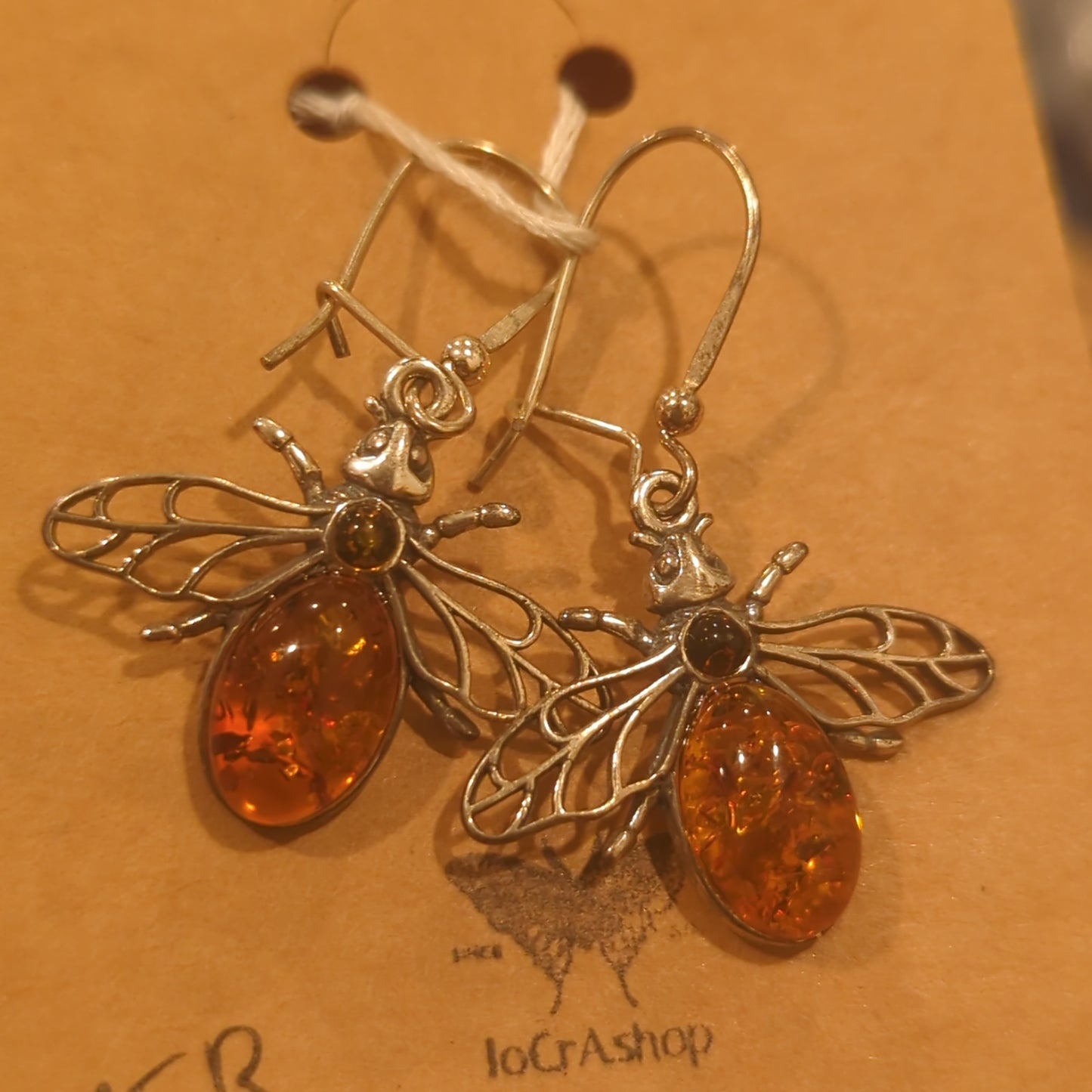 Cognac Amber Bee Hook Earrings on 925 Silver