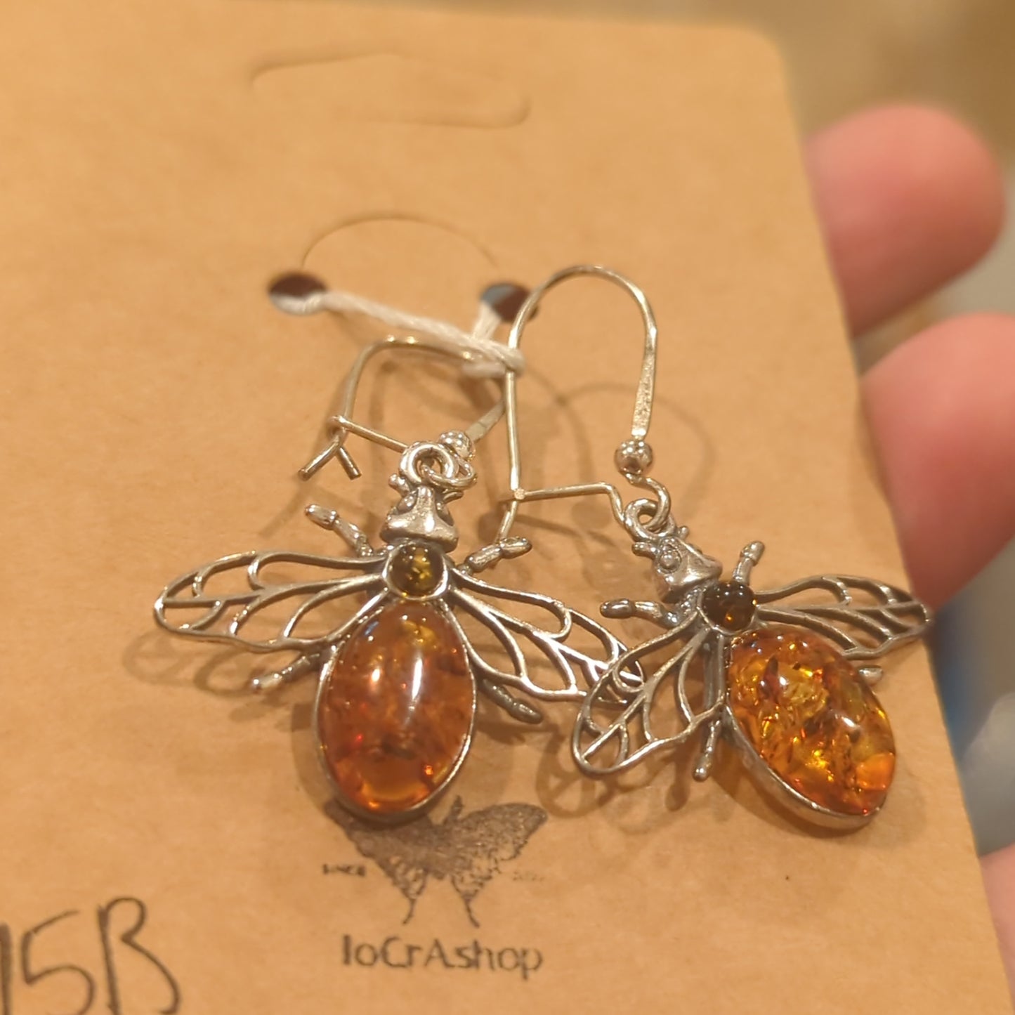 Cognac Amber Bee Hook Earrings on 925 Silver