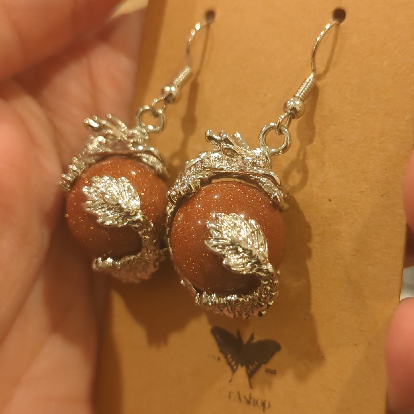 Red Sandstone Dragon Sphere Stainless Steel Hook Earrings