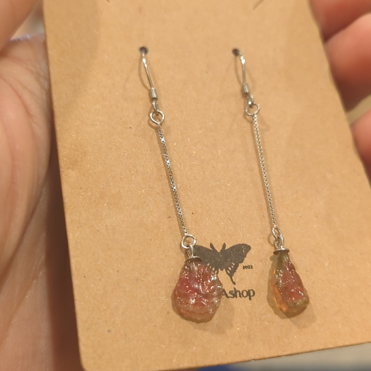 Watermelon Tourmaline Raw Drop Hook Earrings