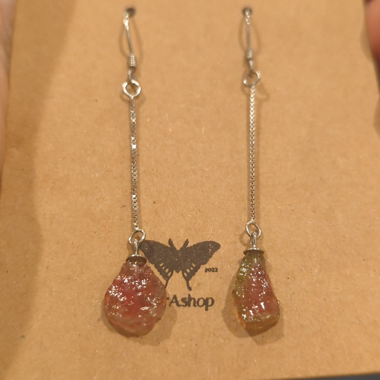 Watermelon Tourmaline Raw Drop Hook Earrings