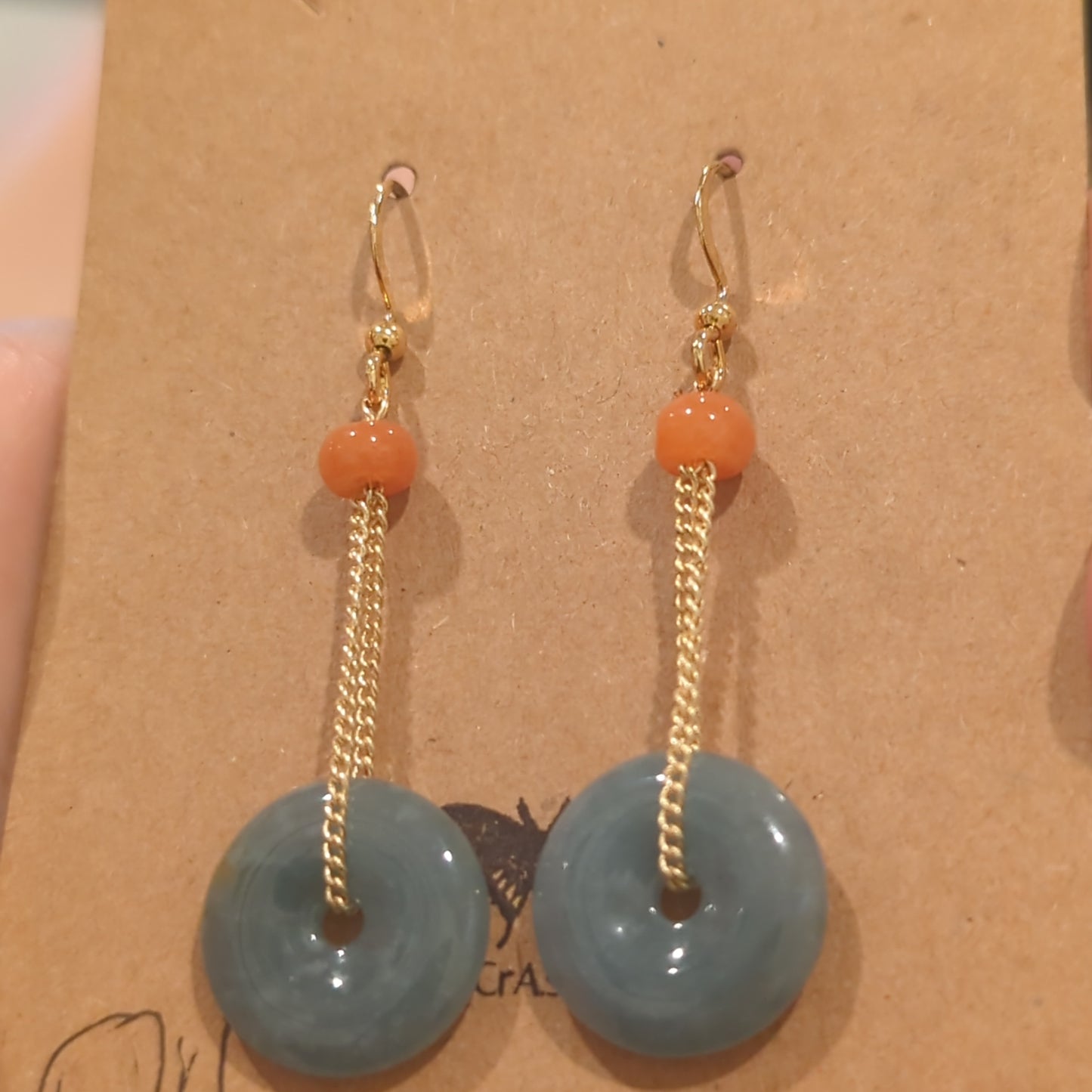 Green Jade and Orange Aventurine Earrings on Golden Hooks