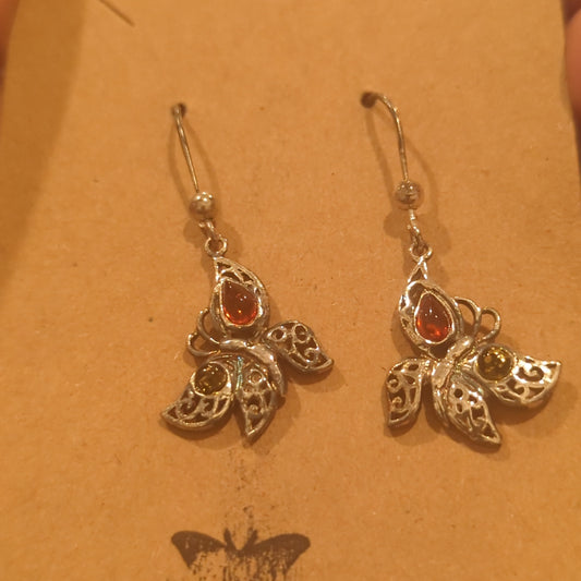 Two Tone Amber Butterfly Hook Earrings on 925 Silver