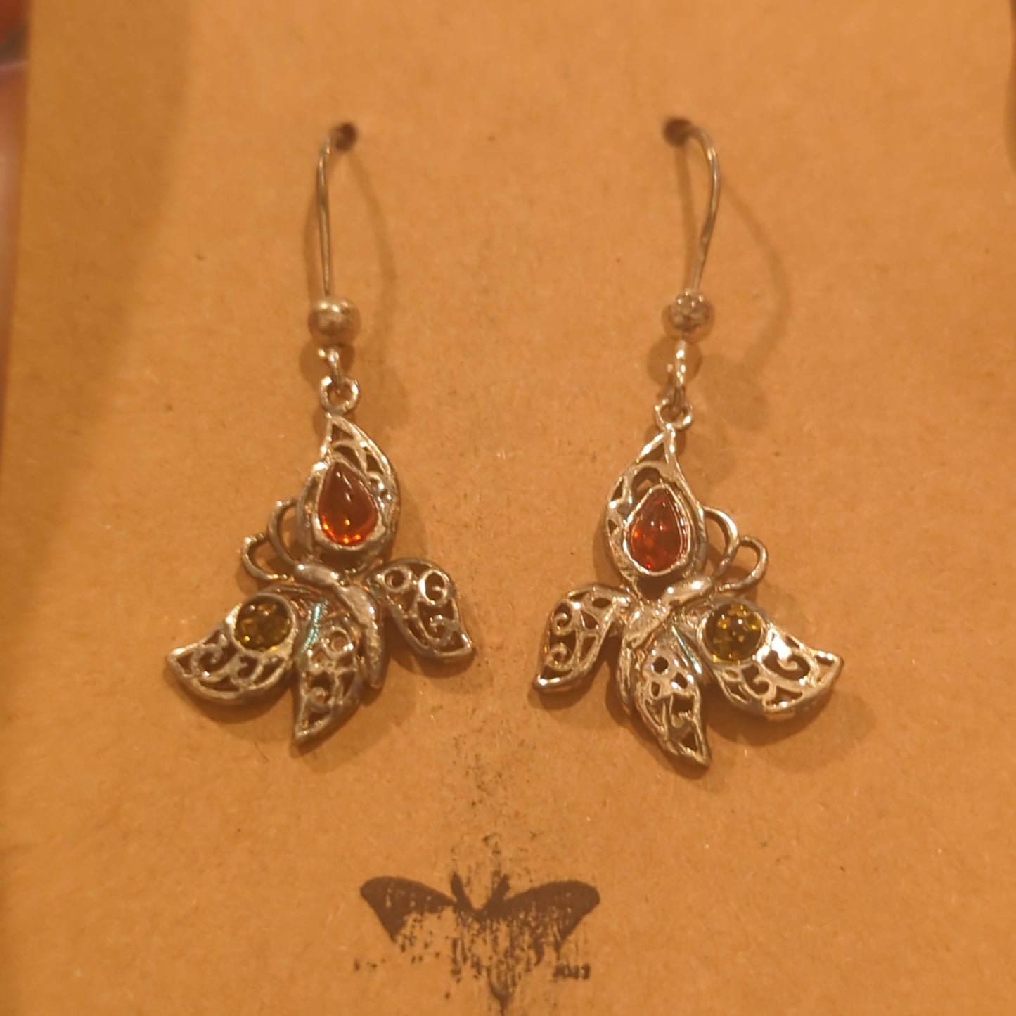 Two Tone Amber Butterfly Hook Earrings on 925 Silver