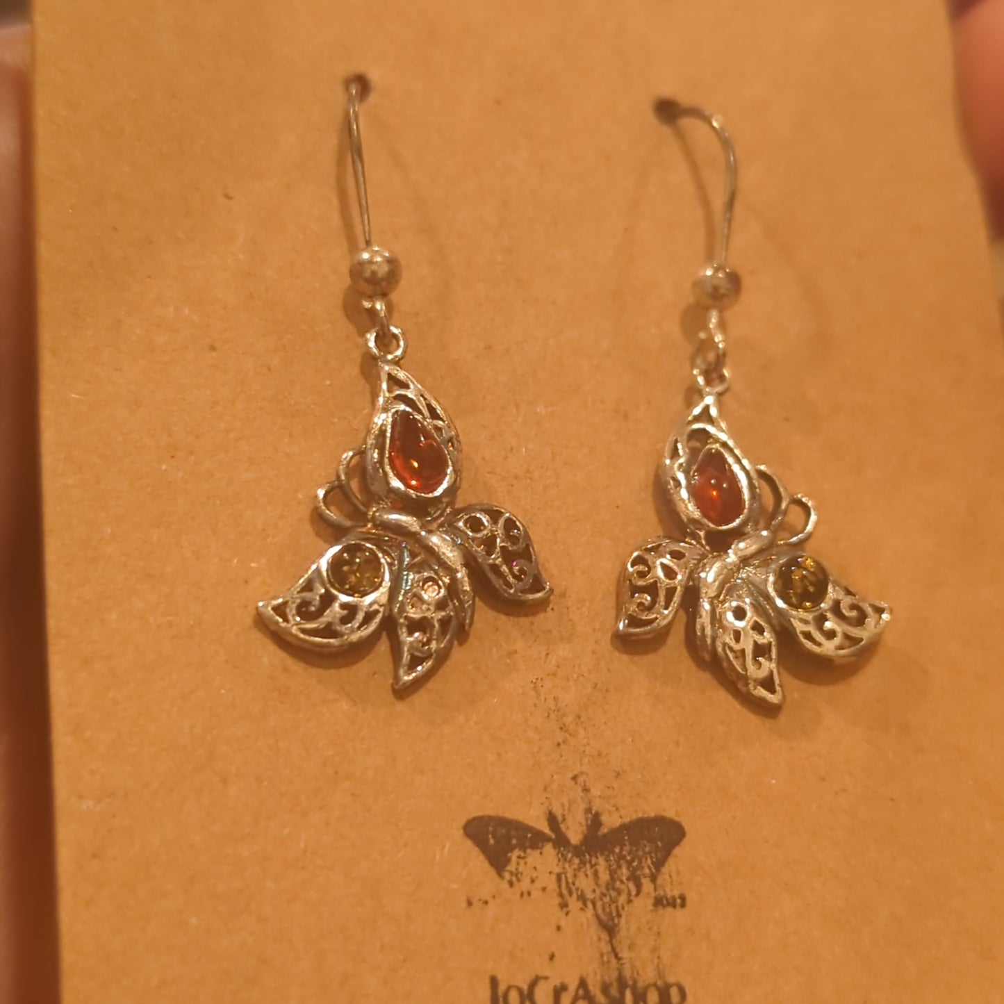 Two Tone Amber Butterfly Hook Earrings on 925 Silver