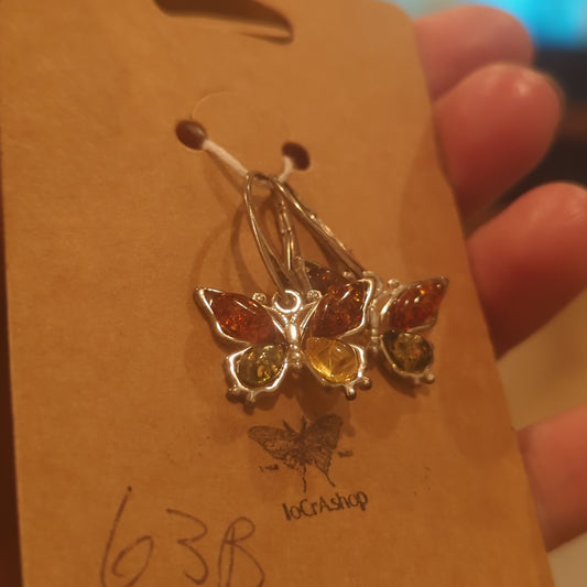 Triple Amber Butterfly Leverback Earrings on 925 Silver