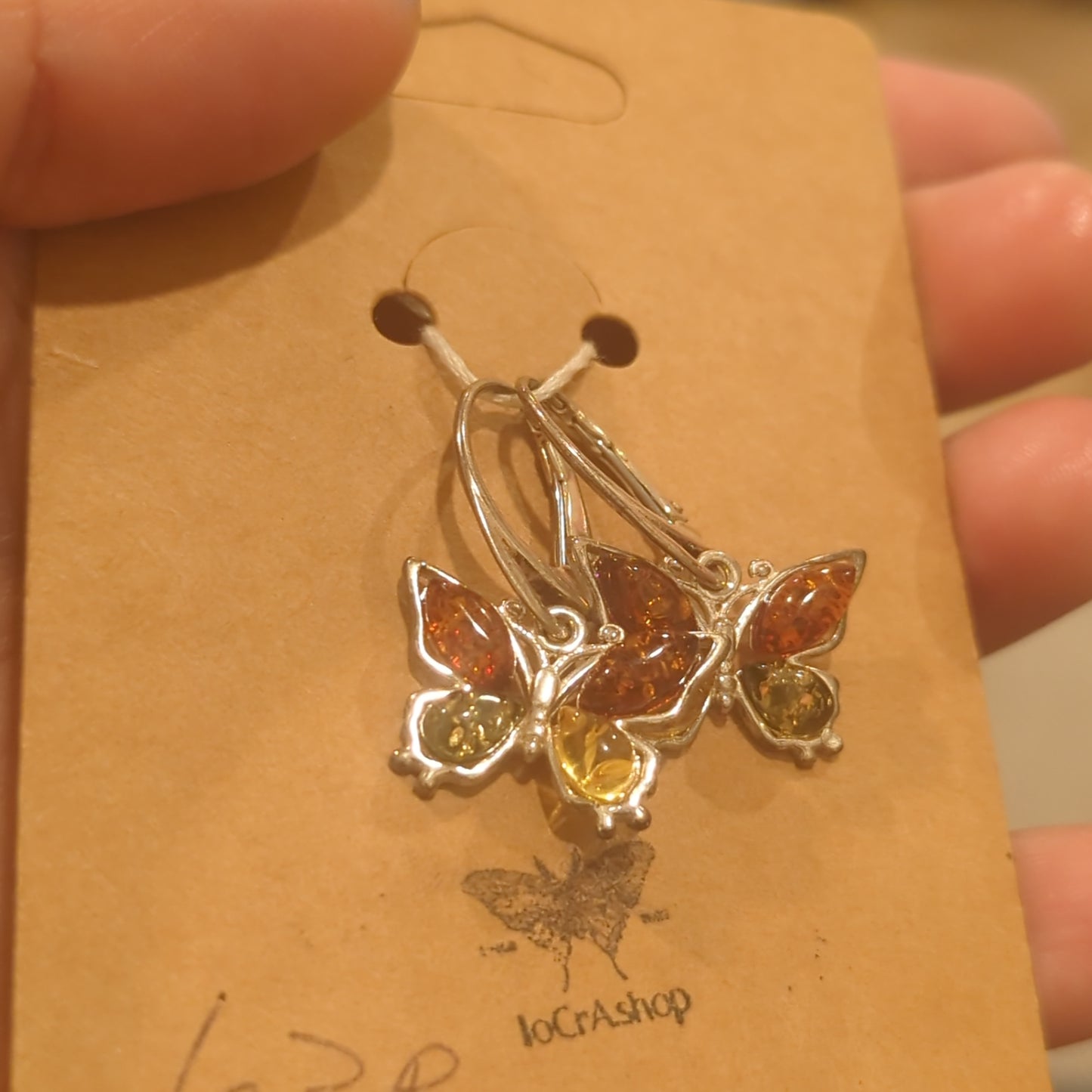 Triple Amber Butterfly Leverback Earrings on 925 Silver