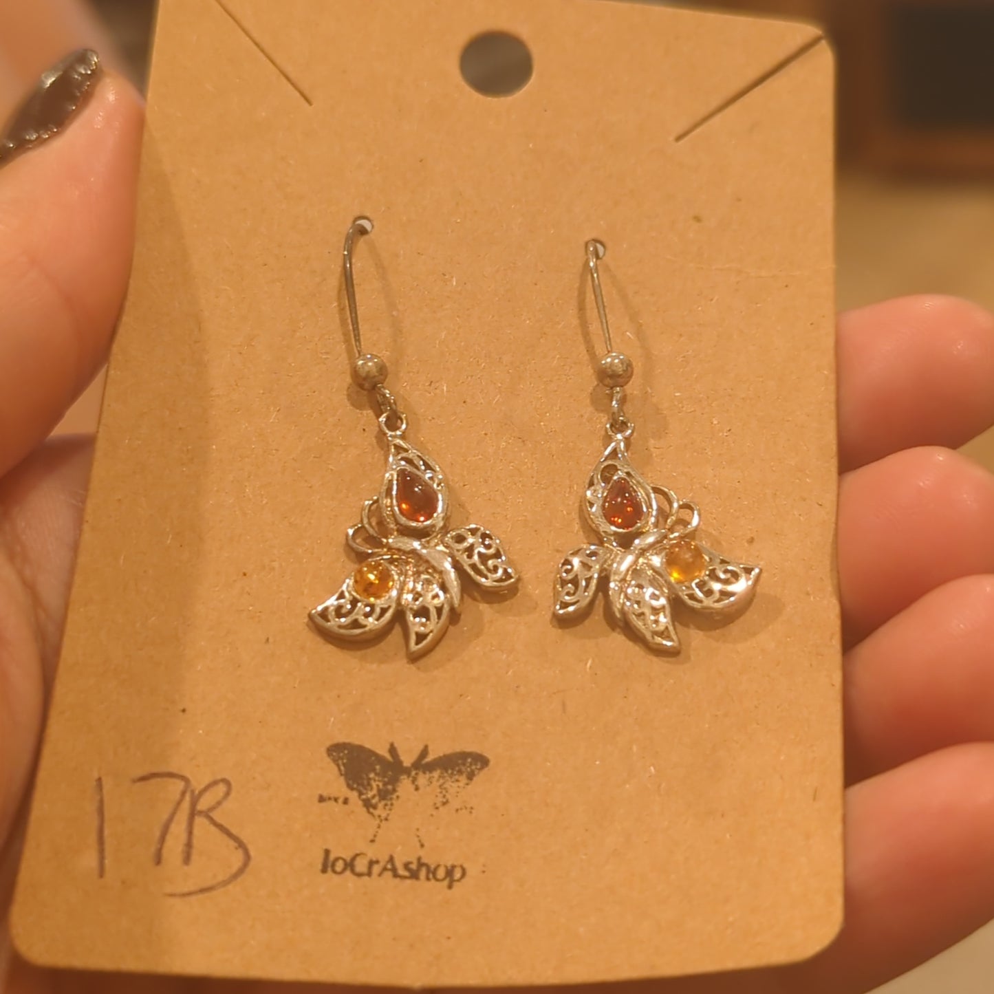 Two Tone Amber Butterfly Hook Earrings on 925 Silver