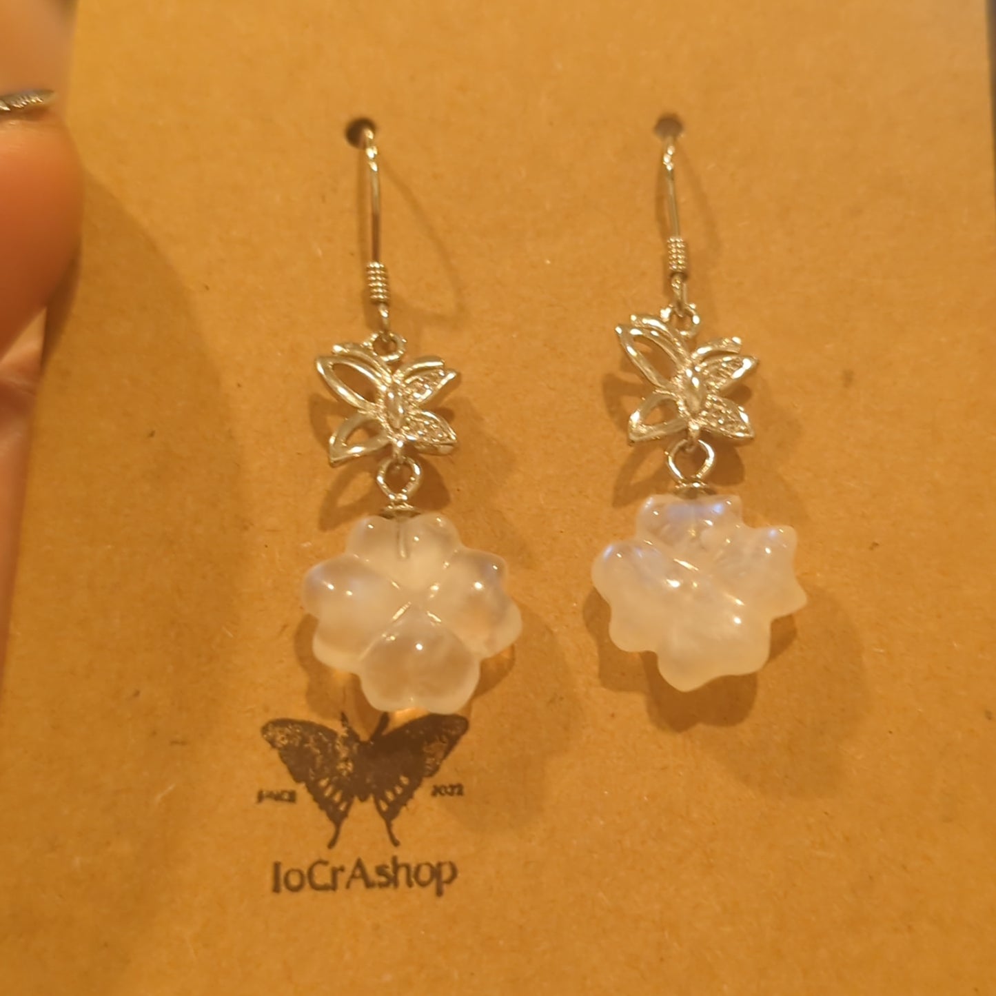 Rainbow White Moonstone Flower and Butterfly Hook Earrings on 925 Silver