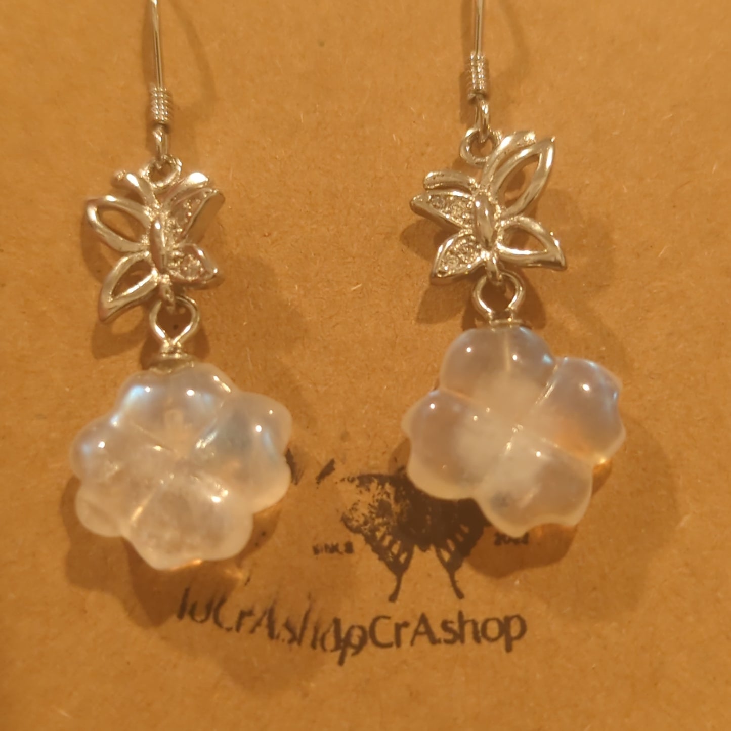 Rainbow White Moonstone Flower and Butterfly Hook Earrings on 925 Silver