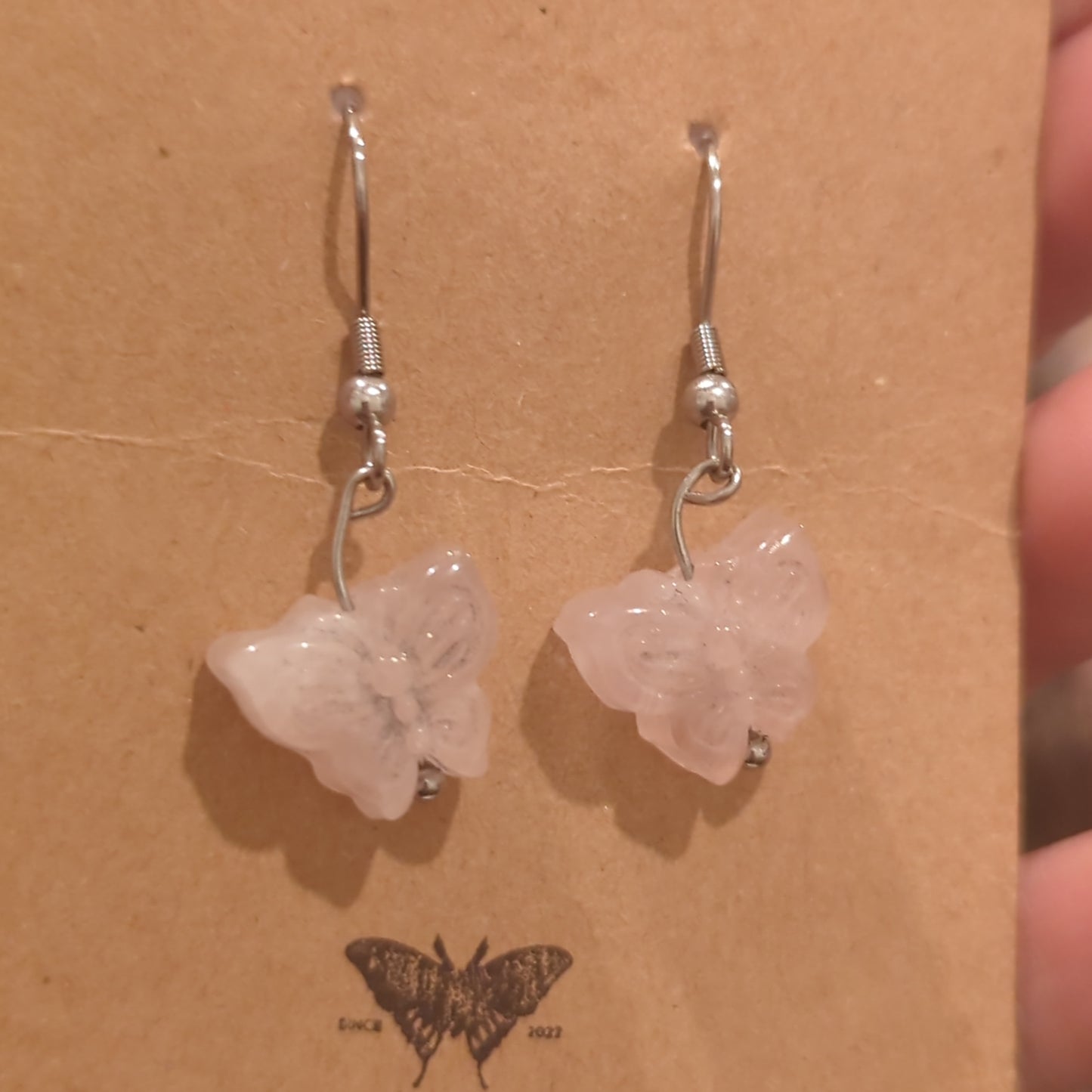 Rose Quartz Butterfly Crystal Earrings on Stainless Steel Hooks