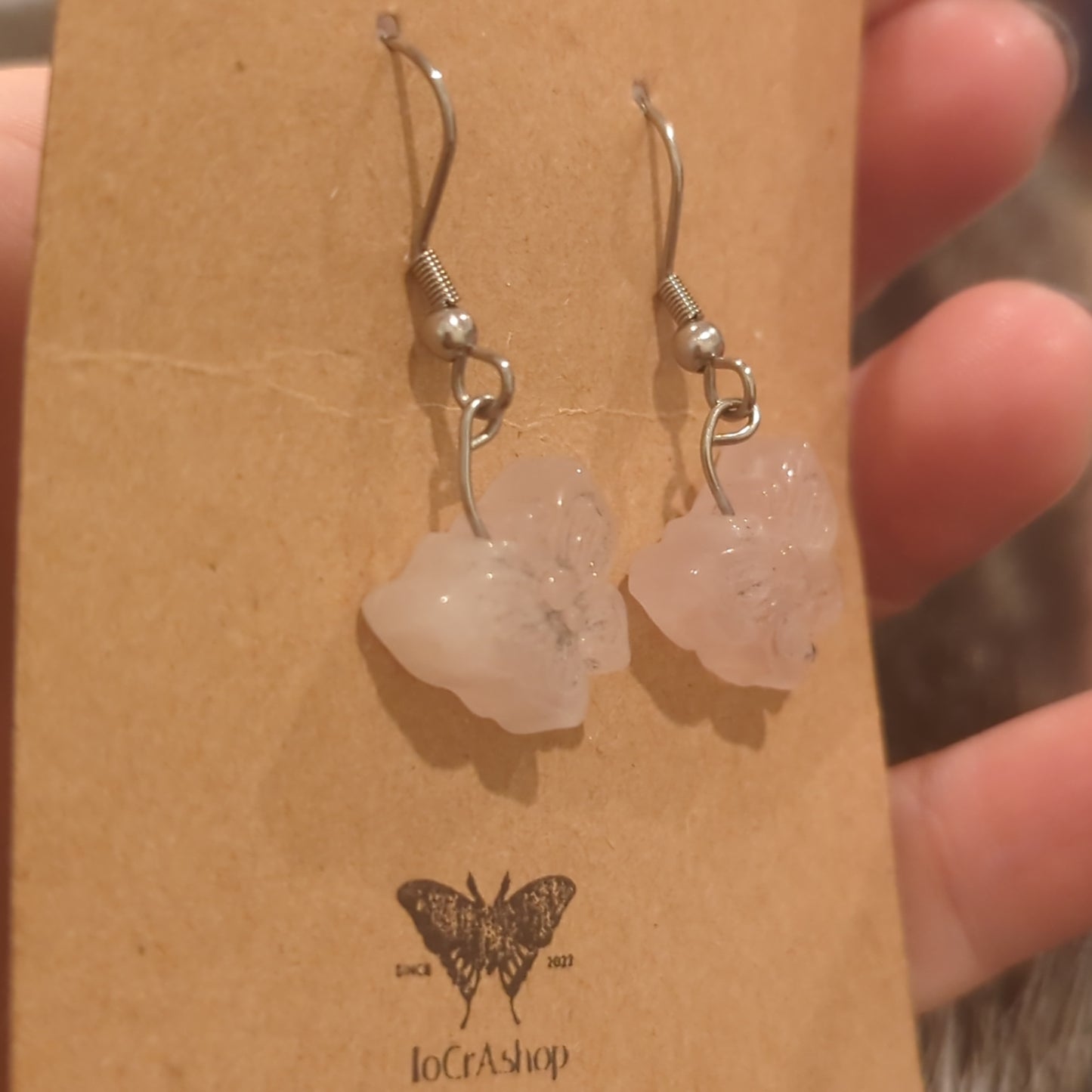 Rose Quartz Butterfly Crystal Earrings on Stainless Steel Hooks