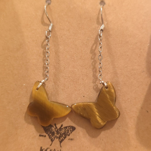 Tigers Eye Butterfly Dangle Earrings on 925 Silver Hooks