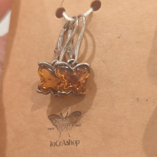 Cognac Amber Butterfly Leverback Hook Earrings on 925 Silver