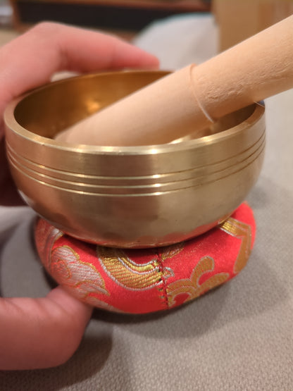 Bronze Singing Bowl with Wood Gong Hammer and Cloth Ring Holder