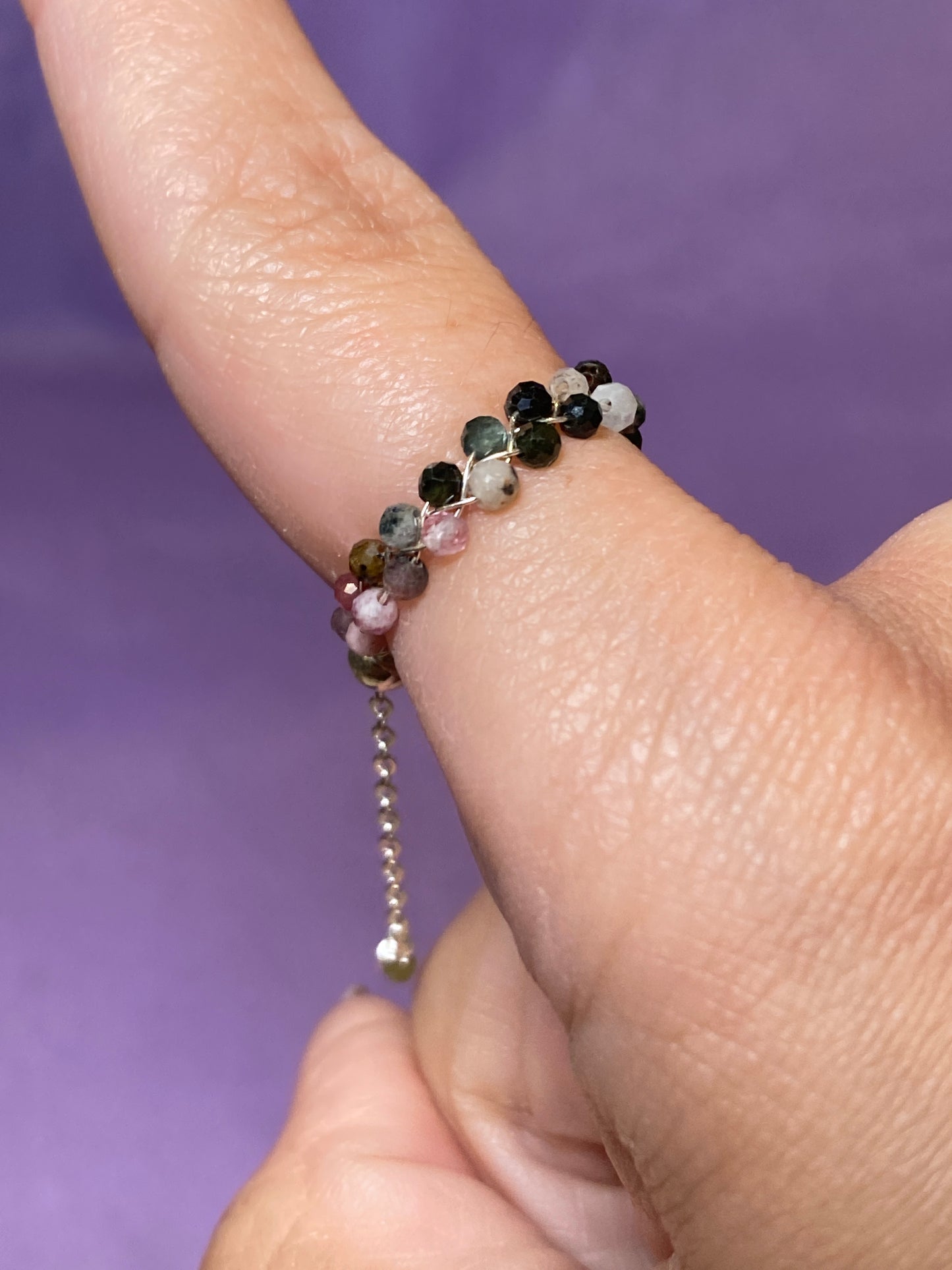 Dainty Braided Wire Crystal Rings with Adjustable Chain, Silver & Faceted